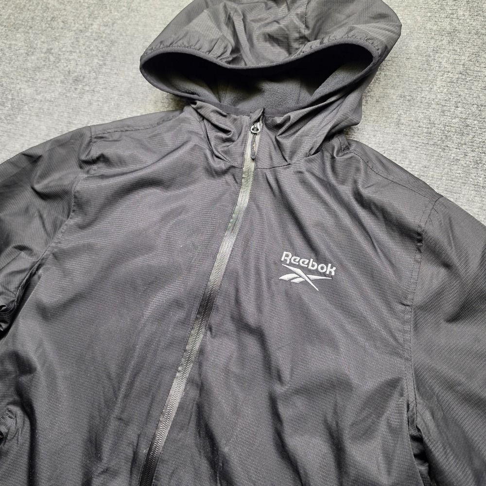 Reebok Jacket Mens Medium Black Fleece Lined Hooded Windbreaker Zip Up Ripstop